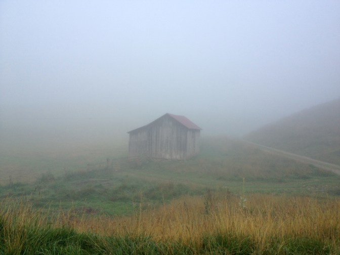 Old barn in the morning mist, Vinegar Hollow.