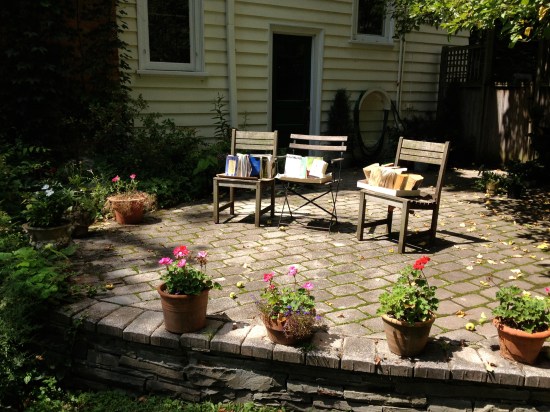Wet books in sun on terrace by door to basement